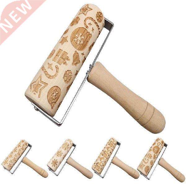 Christmas Deer Wooden Rolling Pin Embossing Baking Cookies