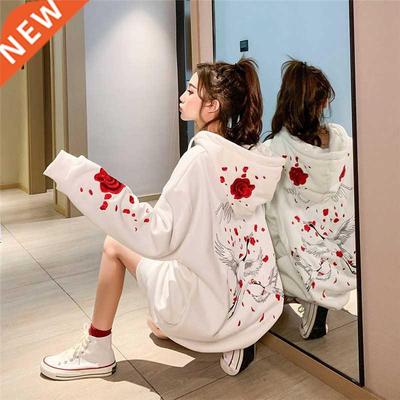 White Female Loose Sweatshirts Autumn Long Sleeve Cute Bird