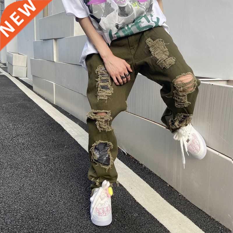 Sreetwear Women and Mens Knife Ripped Jeans Embroidered Stra