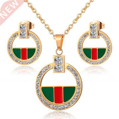 Luxury Full Crytals Pendant Necklace Earrings Sets Stainless