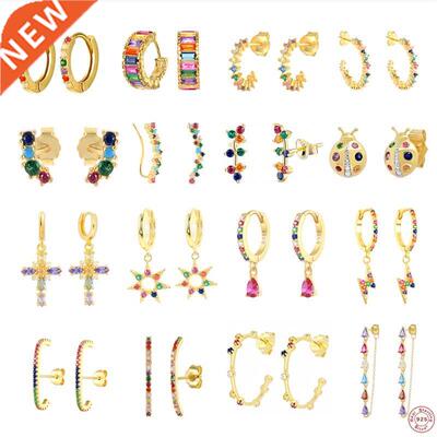 Authentic 925 Sterling Silver Stud Earrings Colorful Zircon