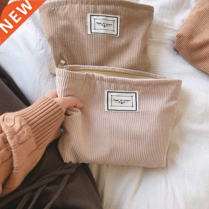 1 Pc Soft Corduroy Makeup Bag for Women Large Solid Color Co