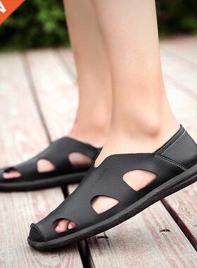 Summer Hollow Hole Men's Sandals Spring Solid Genuine Leathe