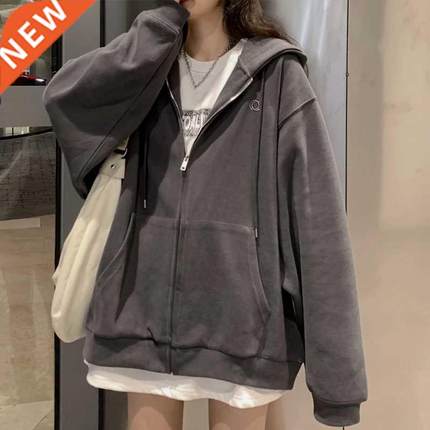 Women Korean Style Hoodies Zip-up Harajuku Oversized Solid P