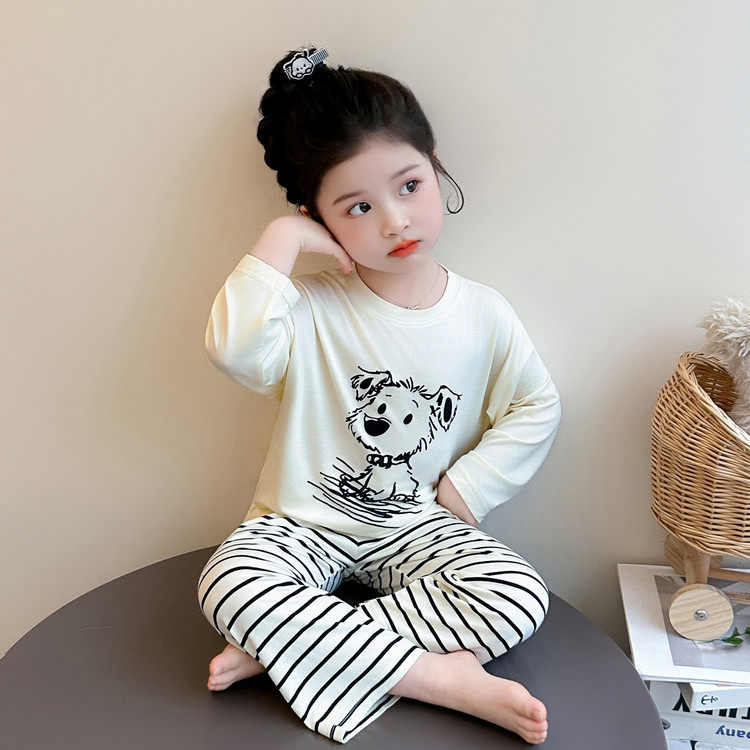 1岁3女童长袖卡通条纹睡衣套装春秋莫代尔A类宝宝空调家居服夏季4