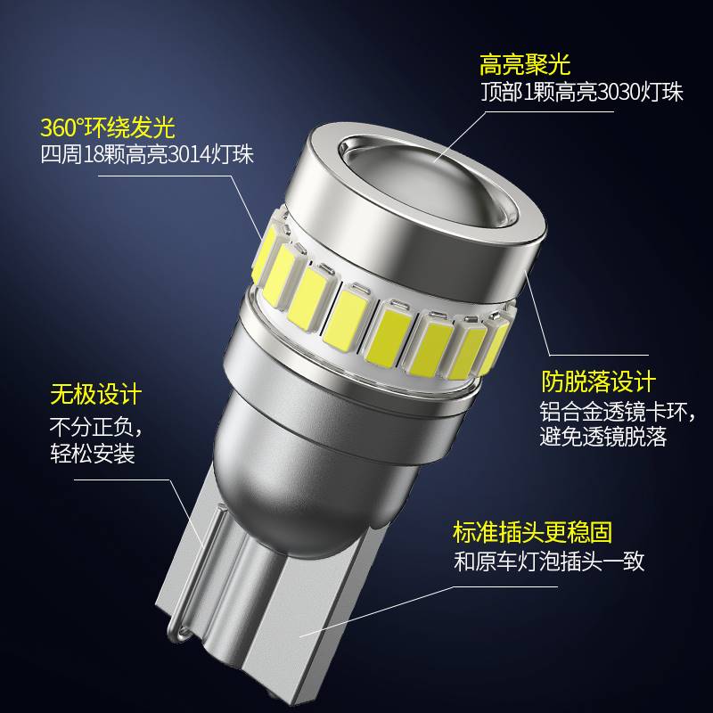 超亮带透镜汽车LED示宽灯T10白光粉色红色黄色冰蓝W5W阅读灯尾灯