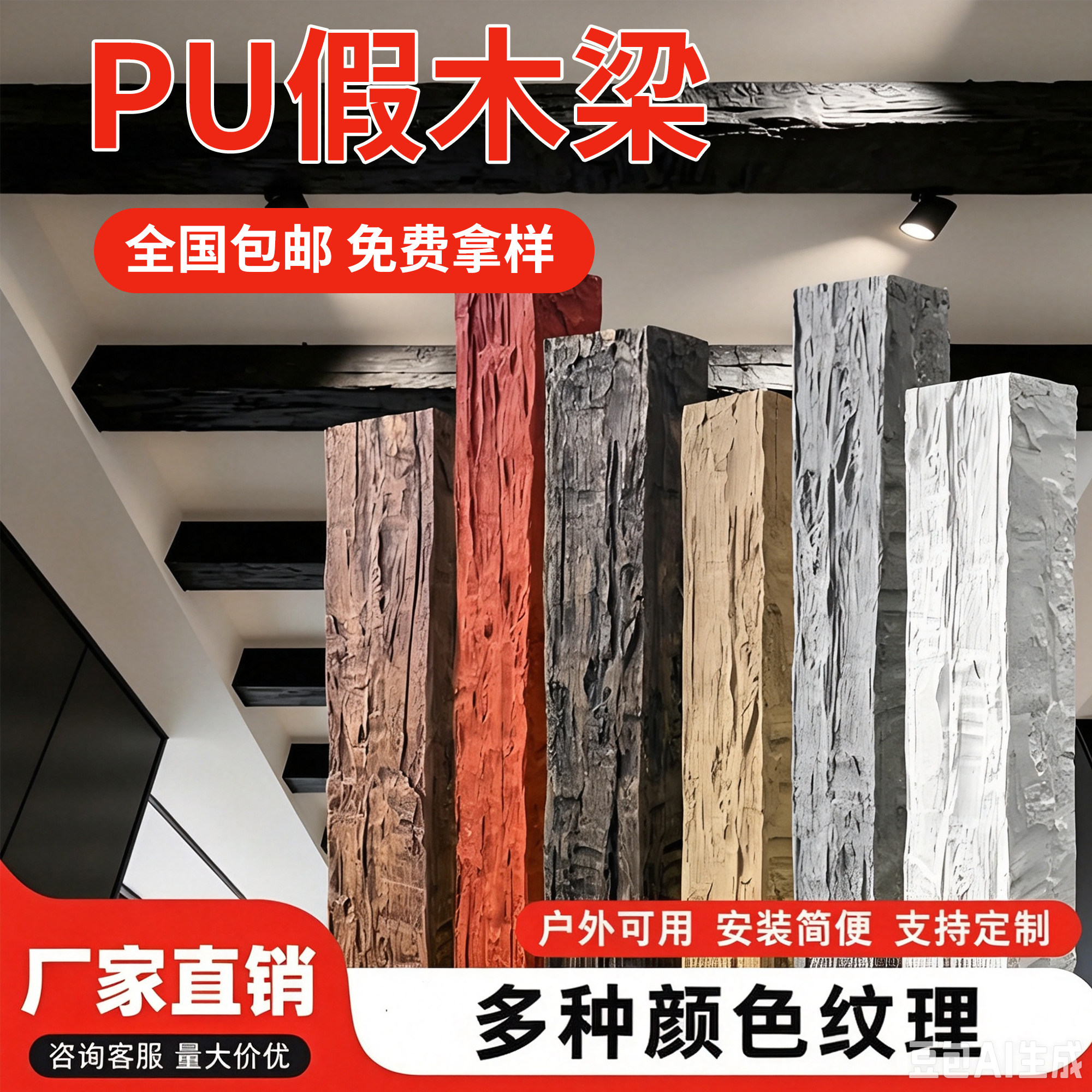 pu木梁假木梁吊顶哑口套仿实木木纹空心榆木pu梨花木横梁遮挡装饰图片