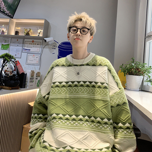 牛油果绿条纹圆领毛衣男冬季日系小清新青少年套头保暖针织衫上衣