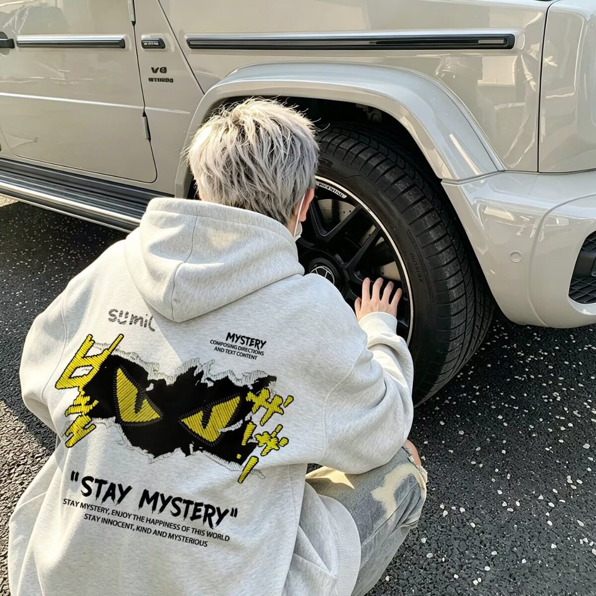 美式复古鲨鱼字母仿刺绣印花连帽卫衣