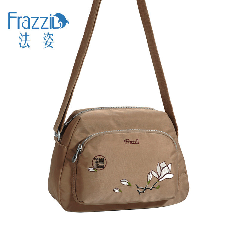 法姿休闲女包斜挎包2025洗水尼龙布包大容量单肩包刺绣时尚妈妈包