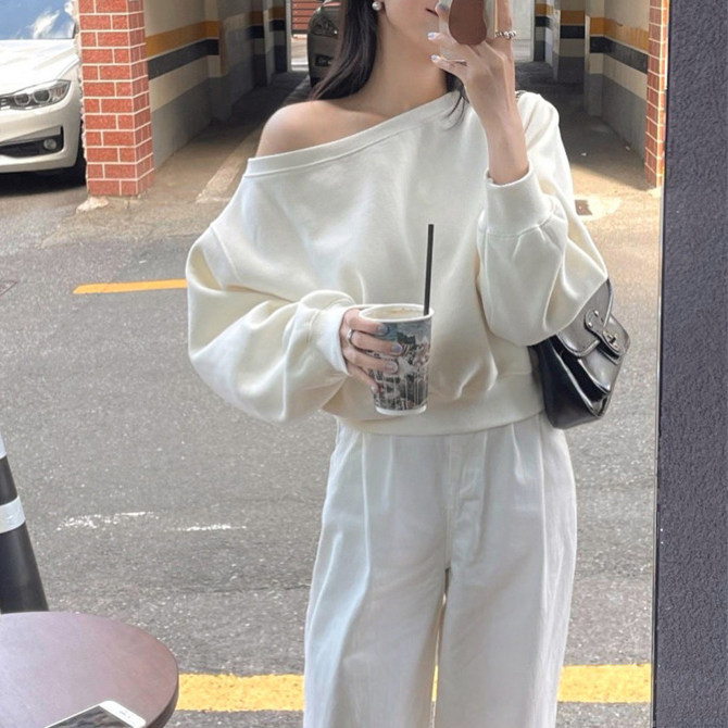 尺寸已更新 INS小心机约会气质侧露肩设计感 宽松卫衣上衣 3色