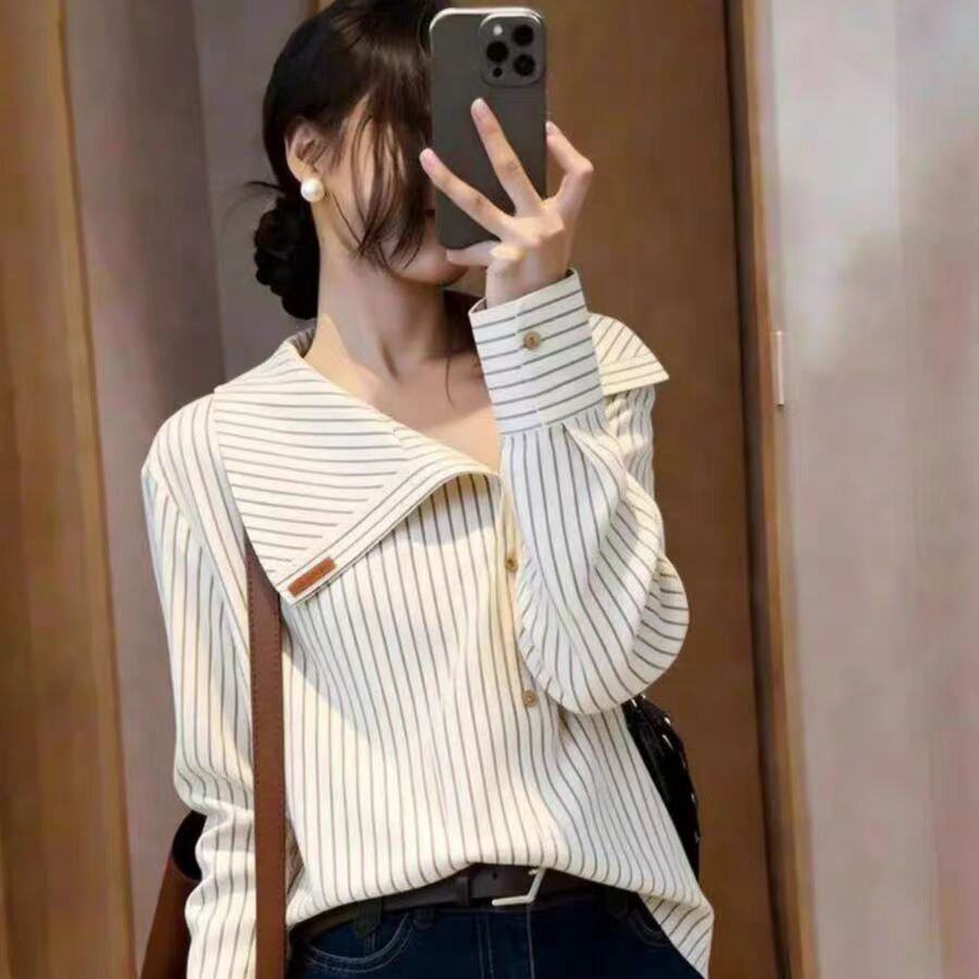 不规则翻领条纹衬衫女气质长袖衬衣2026新款春秋洋气通勤显瘦上衣