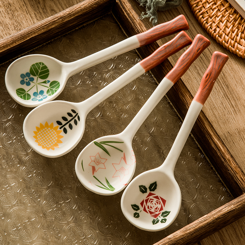 陶瓷勺子家用日式高颜值喝汤的小勺子长柄圆头盛汤舀粥好看的调羹
