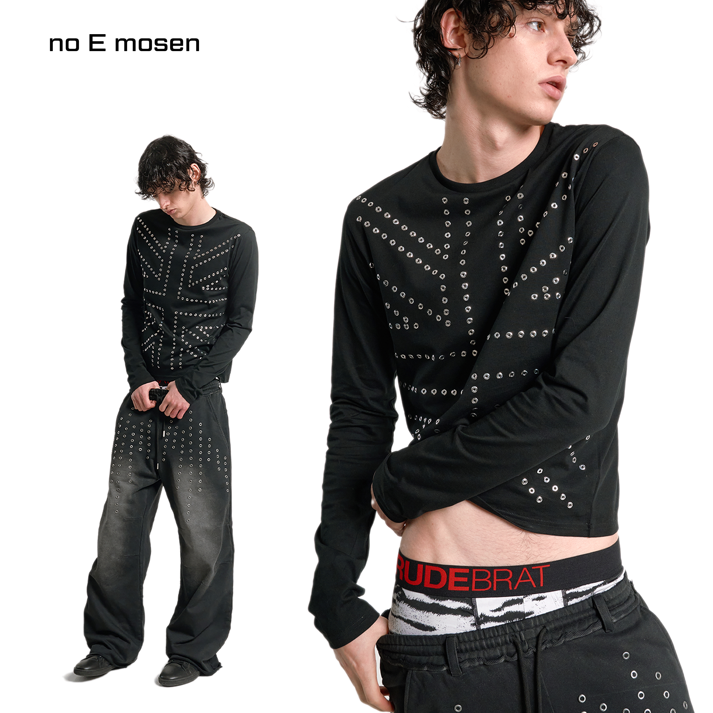 noEmosen(noE)铆钉全篇幅亮银烫钻合身黑色复古街头春季长袖