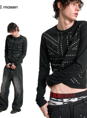 noEmosen(noE)铆钉全篇幅亮银烫钻合身黑色复古街头春季长袖