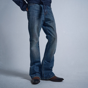 铁锈染深海蓝做旧手工磨破合身微喇牛仔裤 noEmosen noE