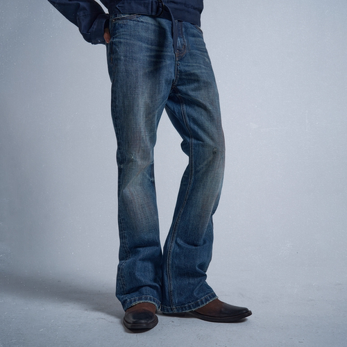 （noE）铁锈染深海蓝微喇牛仔裤