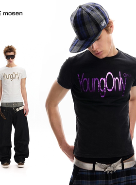 no E mosen（noE）'YoungOnly'once液态金属烫银印花基础街头短袖