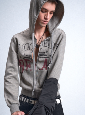 no E mosen(noE）'YOUTHMAL FUNCTION'做旧花灰满印连帽合身卫衣