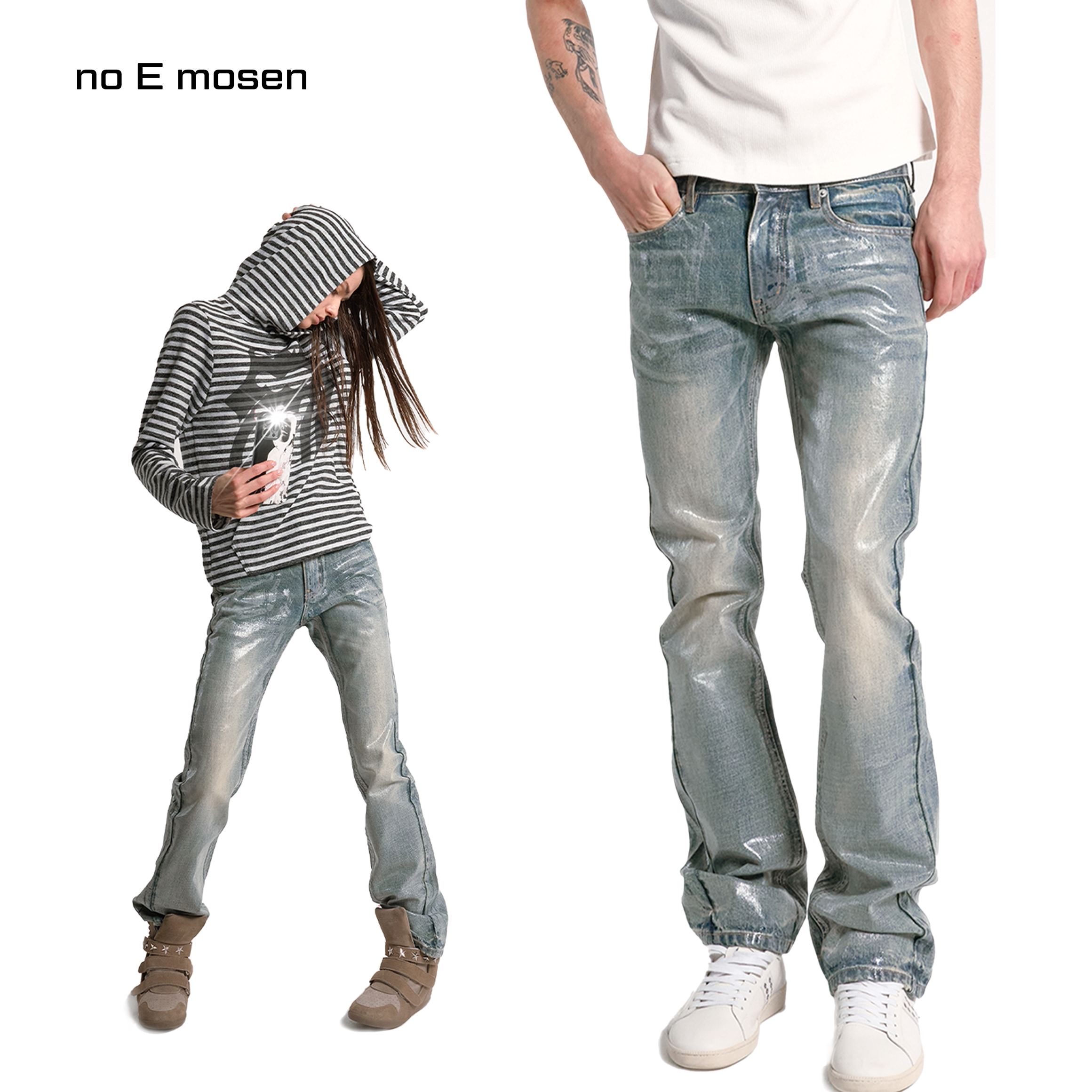 noEmosen(noE)冰蓝刷胶00S裂纹胶感水洗合身微喇街头复古牛仔裤