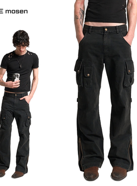 noEmosen(noE)蓝黑水洗多口袋重工cargo可调节微喇街头帆布工装裤