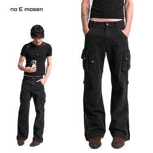 noEmosen(noE)蓝黑水洗多口袋重工cargo可调节微喇街头帆布工装裤