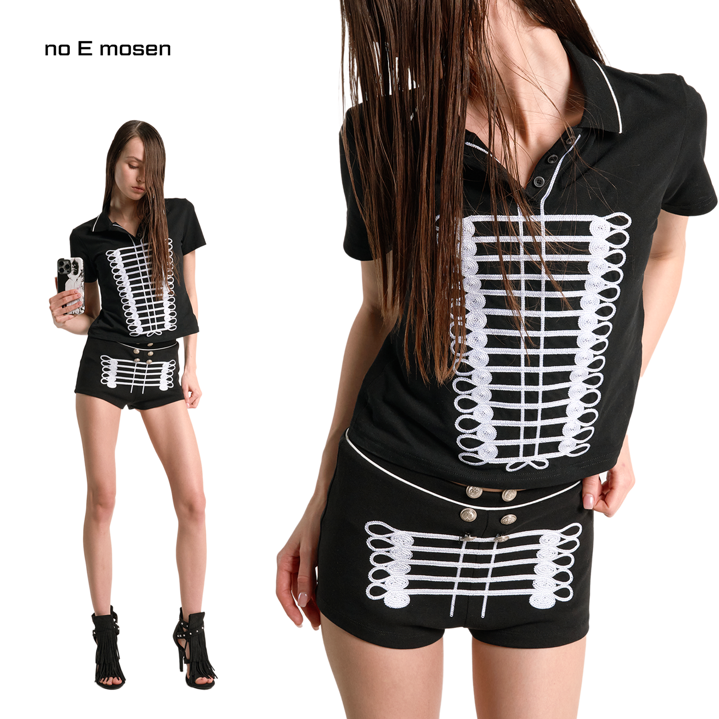 no E mosen（noE）宫廷拿破仑特殊锁链刺绣修身女款polo短袖