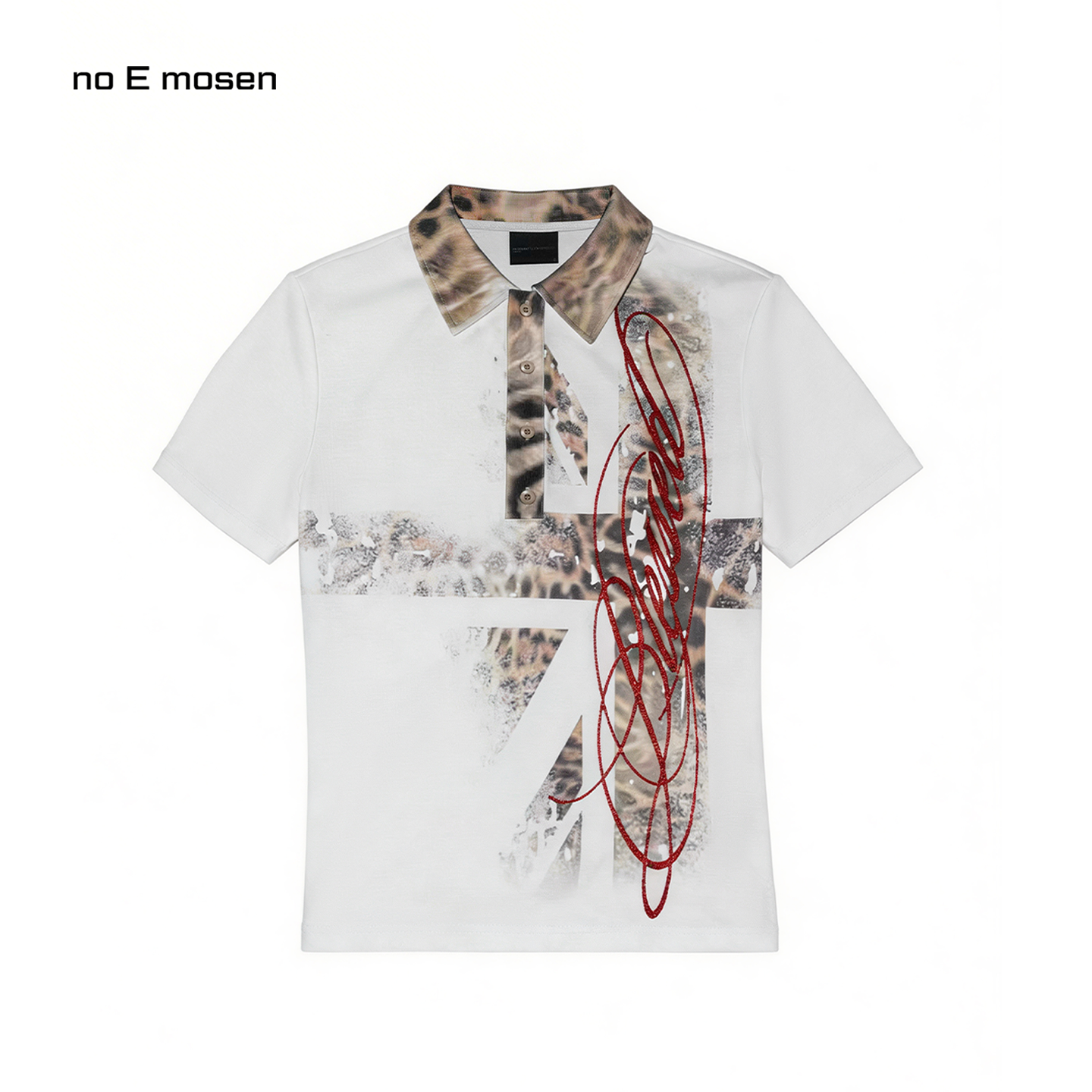no E mosen（noE）米字旗豹纹印花暗红闪粉印花正肩街头polo短袖
