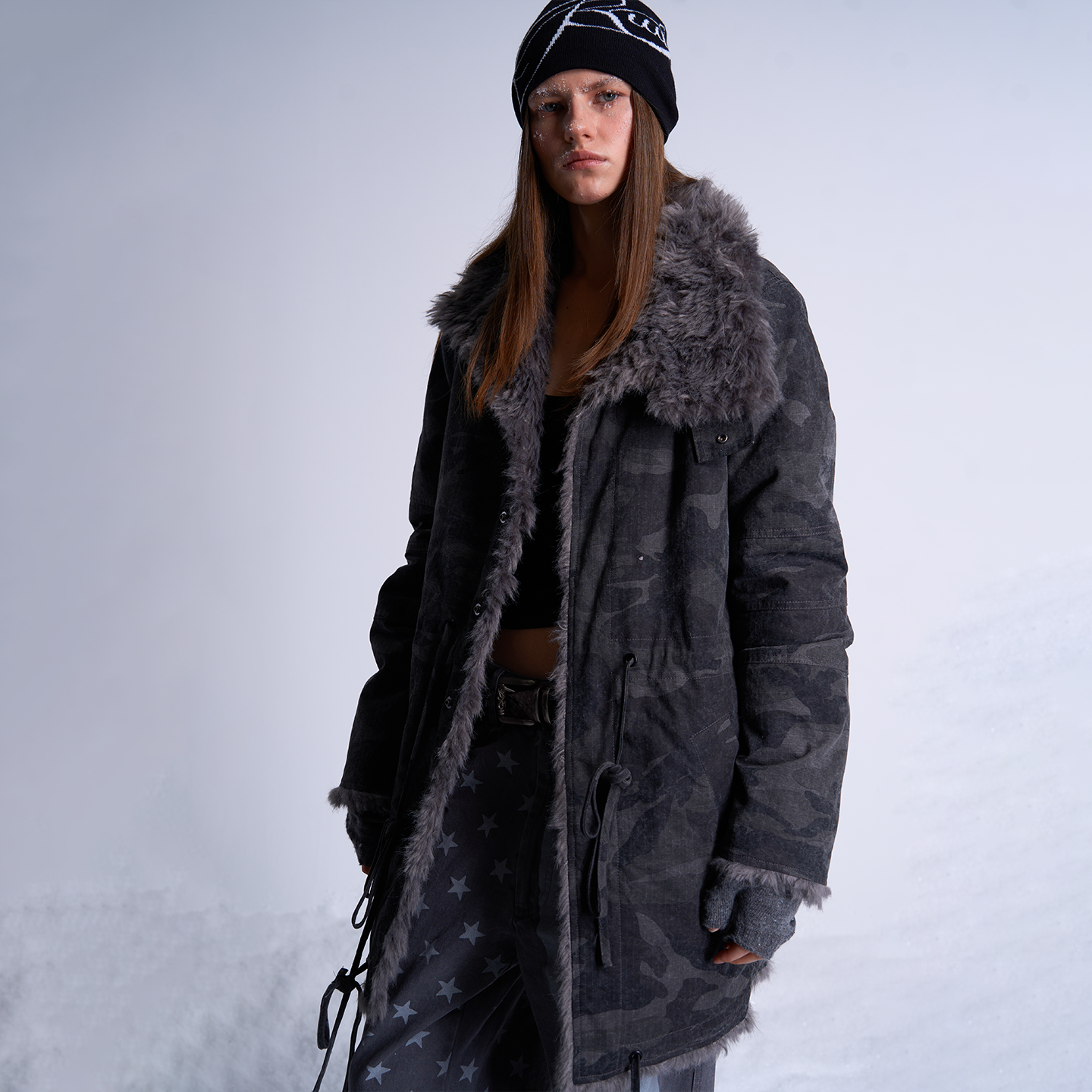 酵洗深灰迷彩双面保暖派克服大衣