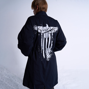 noEmosen SilverEagle黑蓝色烫银多穿法可拆卸棉内胆一体大衣 noE