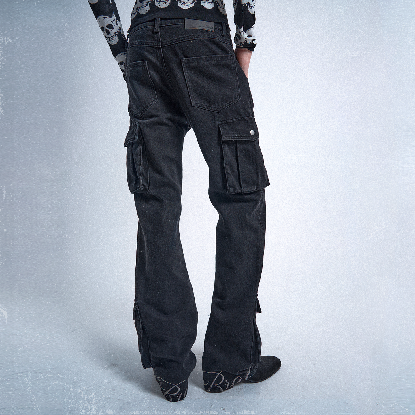 noEmosen(noE)RUDEBRAT刺绣黑色做旧洗水修身微喇牛仔工装裤,男装,牛仔裤,淘宝优惠券,粉丝福利购,淘宝优惠卷