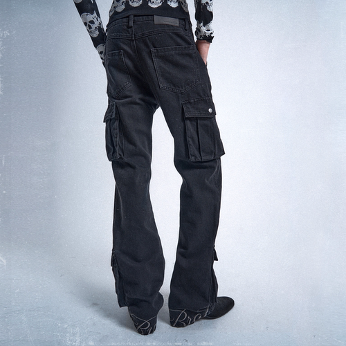 (noE)多口袋修身微喇牛仔工装裤