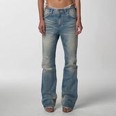 直筒破坏牛仔裤 noE 银线冰蓝水洗低腰做旧微喇修身 mosen