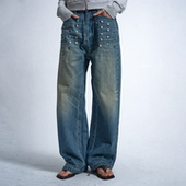 饰宽松直筒牛仔裤 noE 蓝色做旧猫须水洗Baggy方钉装 mosen