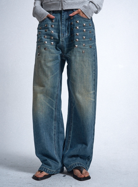 no E mosen(noE）蓝色做旧猫须水洗Baggy方钉装饰宽松直筒牛仔裤