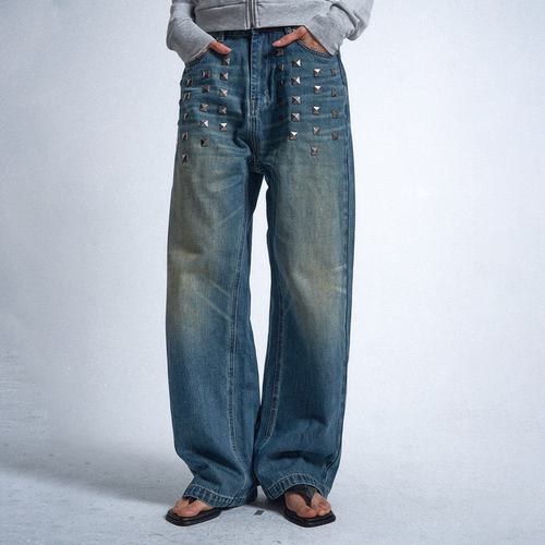(noE）做旧猫须方钉直筒牛仔裤