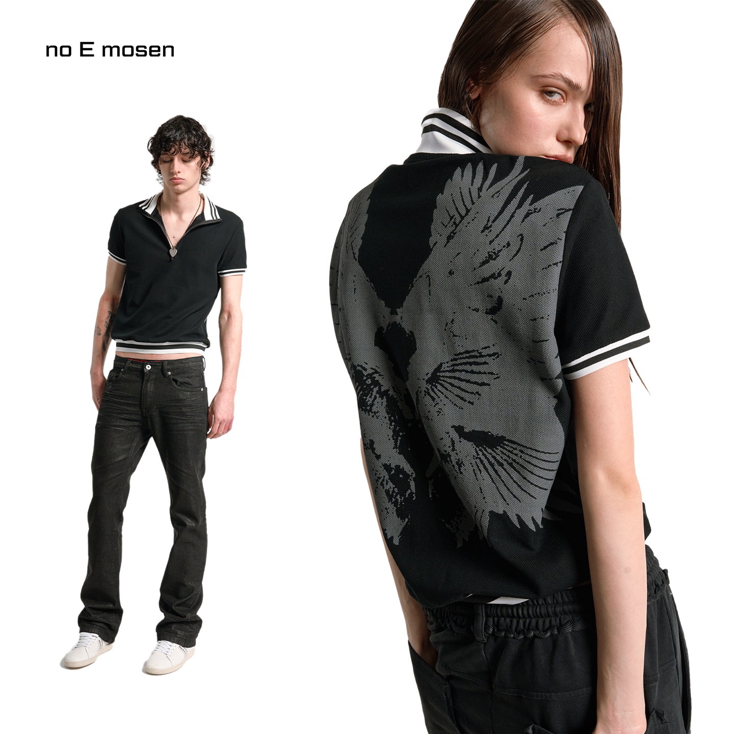 no E mosen（noE）'WINGS'数码印花高领拉链黑翼polo短袖T恤