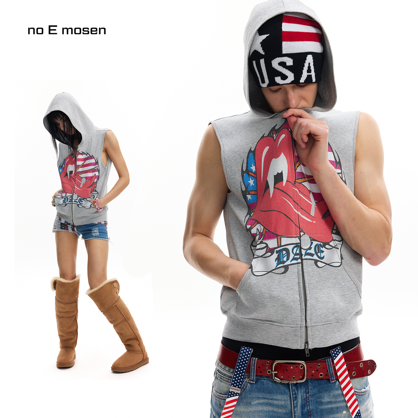 no E mosen（noE）恶搞舌钉滚石星条旗印花街头花灰春夏连帽背心
