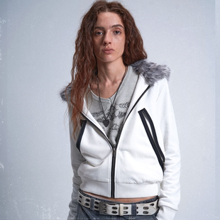 noE 拉链修身 SNOW 雪豹连帽毛领纯白开衫 卫衣 Leopard noEmosen