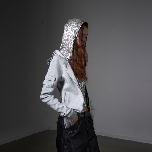 (noE)假两件银织豹纹内里卫衣