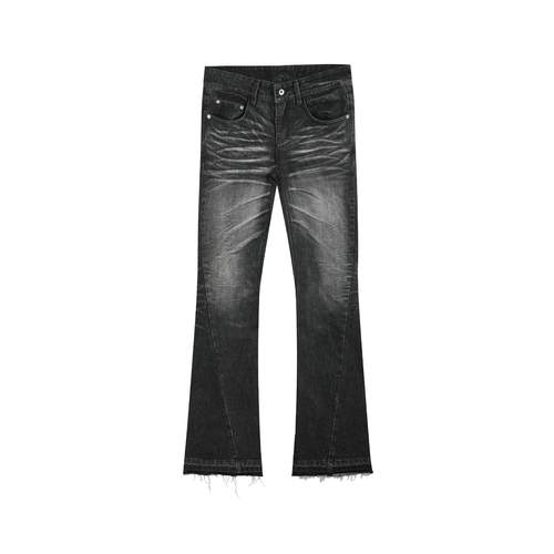 noEmosen(noE)鬼爪立体压褶猫须黑灰重工水洗解构修身流苏牛仔裤