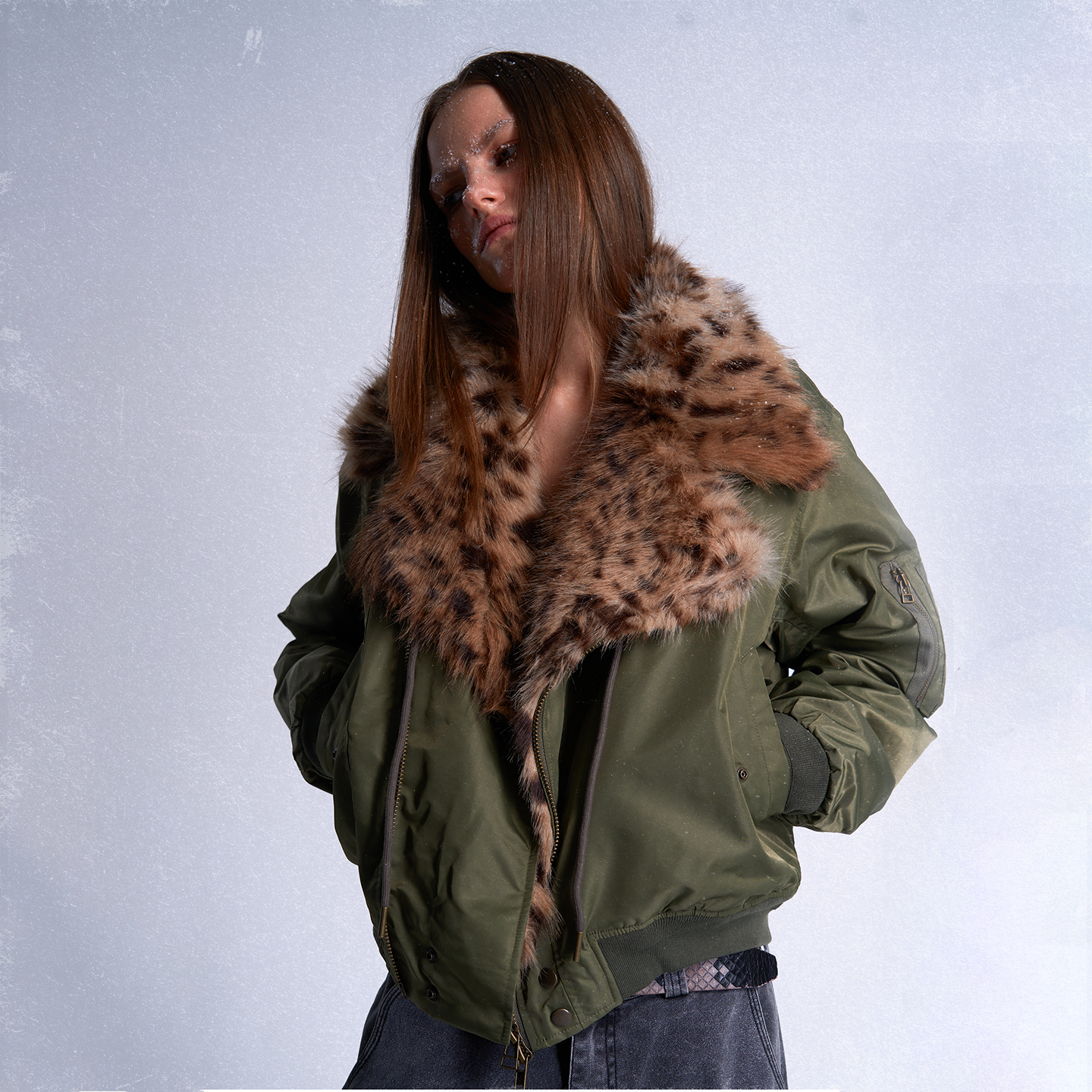 no E mosen(noE)豹纹毛领机车军绿色短款双形态bomber棉服