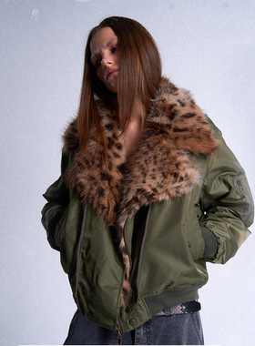 no E mosen(noE)豹纹毛领机车军绿色短款双形态bomber棉服