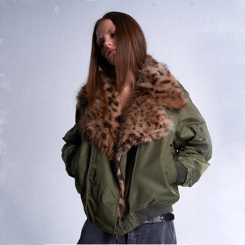 (noE)豹纹机车领短款bomber棉服