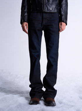 noEmosen（noE)刷蜡深蓝渐变压褶猫须水洗微喇SKINNY修身牛仔裤