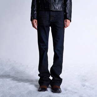 牛仔裤 刷蜡深蓝渐变压褶猫须水洗微喇SKINNY修身 noE noEmosen