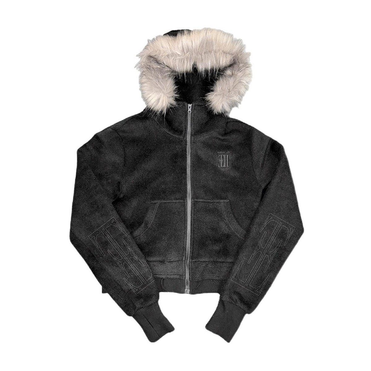 thumbnail for no E mosen's 'Cross Coffin' high-neck, hooded raccoon dog, short pile fabric, fringed hem slim-fitting sweatshirt
