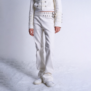 铆钉绑带13盎司纯白微喇牛仔裤 粗织竹节纹修身 noE noEmosen