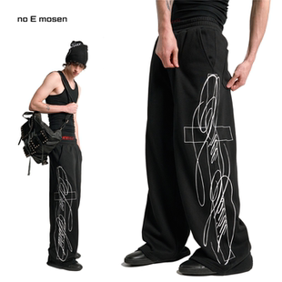 no E mosen（noE）十字花体高密立体绣花baggy版型休闲基础卫裤