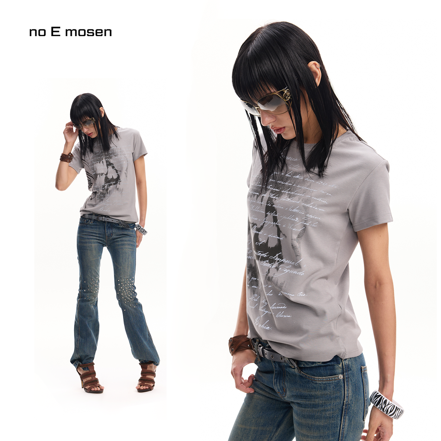 no E mosen（noE）骷髅花体液态金属双工艺印花正肩合身版型短袖